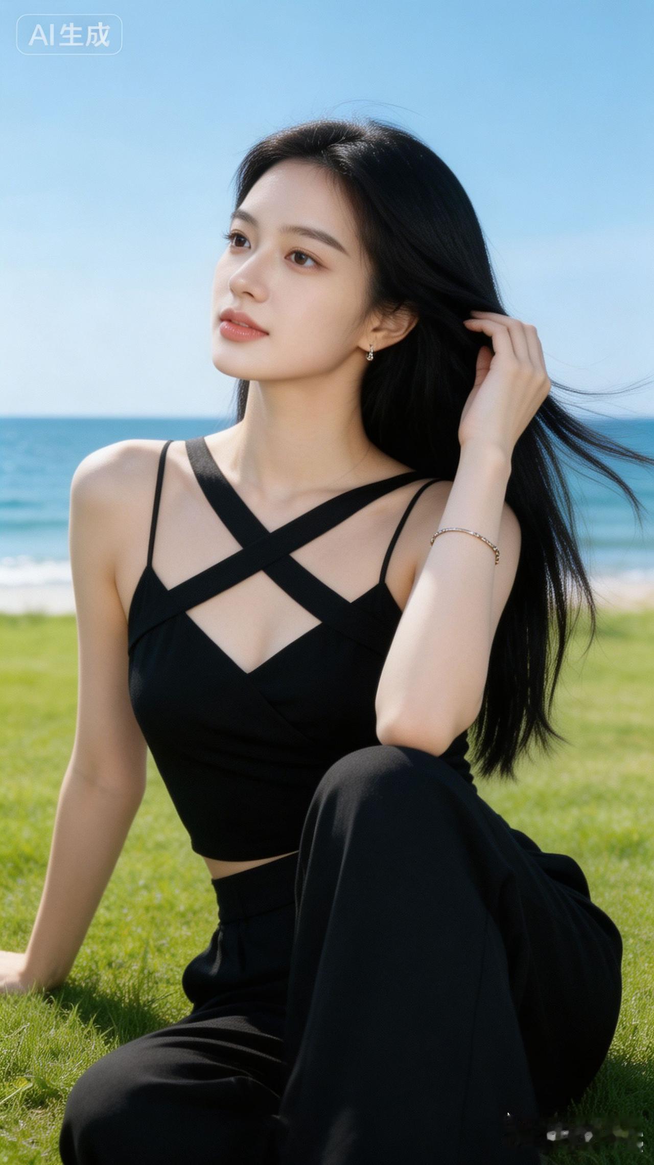 海边少女，黑裙飘逸，海风轻拂，自然之美。