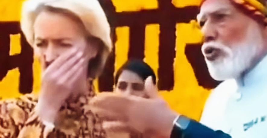 冯德莱恩和莫迪交流时，咋还捂着鼻子啊？
冯德莱恩为啥要捂着鼻子呢？
冯德莱恩难道