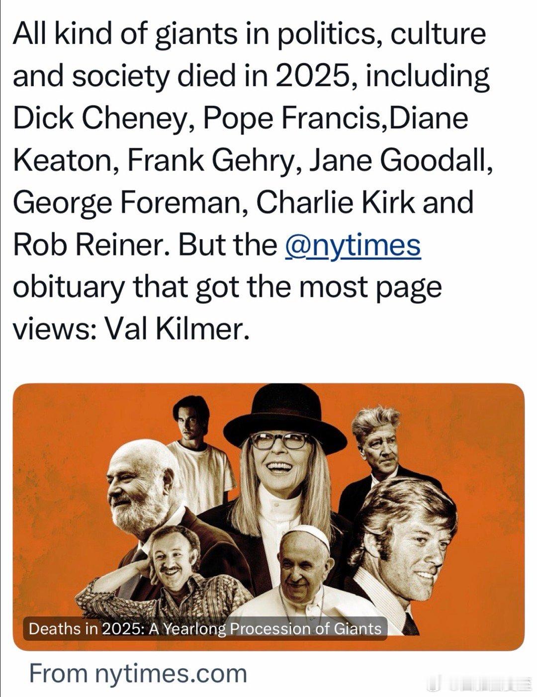 纽约时报悼念2025年去世的名人的文章，页面浏览量最高的是：Val Kilmer