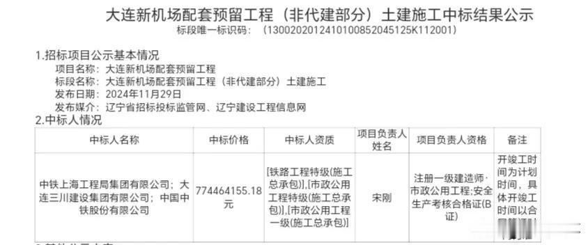 大连新机场配套预留工程(非代建部分)土建施工中标公示！