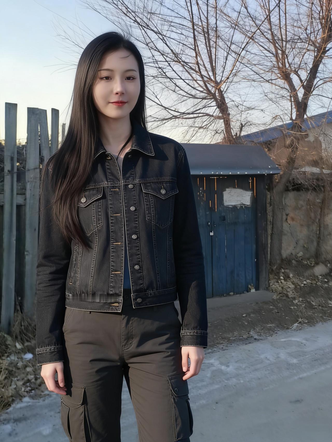 风掠过枯树的枝桠
把寒意揉进灰蓝的天光
她站在木栅栏前
黑牛仔的硬挺裹着温柔
发