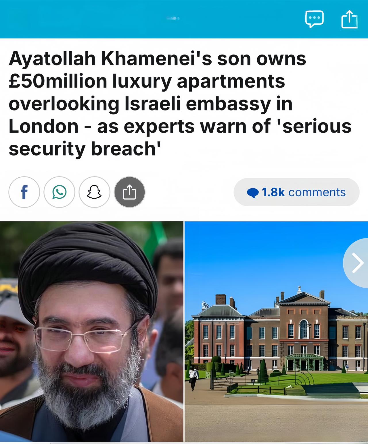 哈梅内伊的儿子在伦敦拥有两套豪华公寓，价值数千万英镑。

据彭博社报道，这两座公