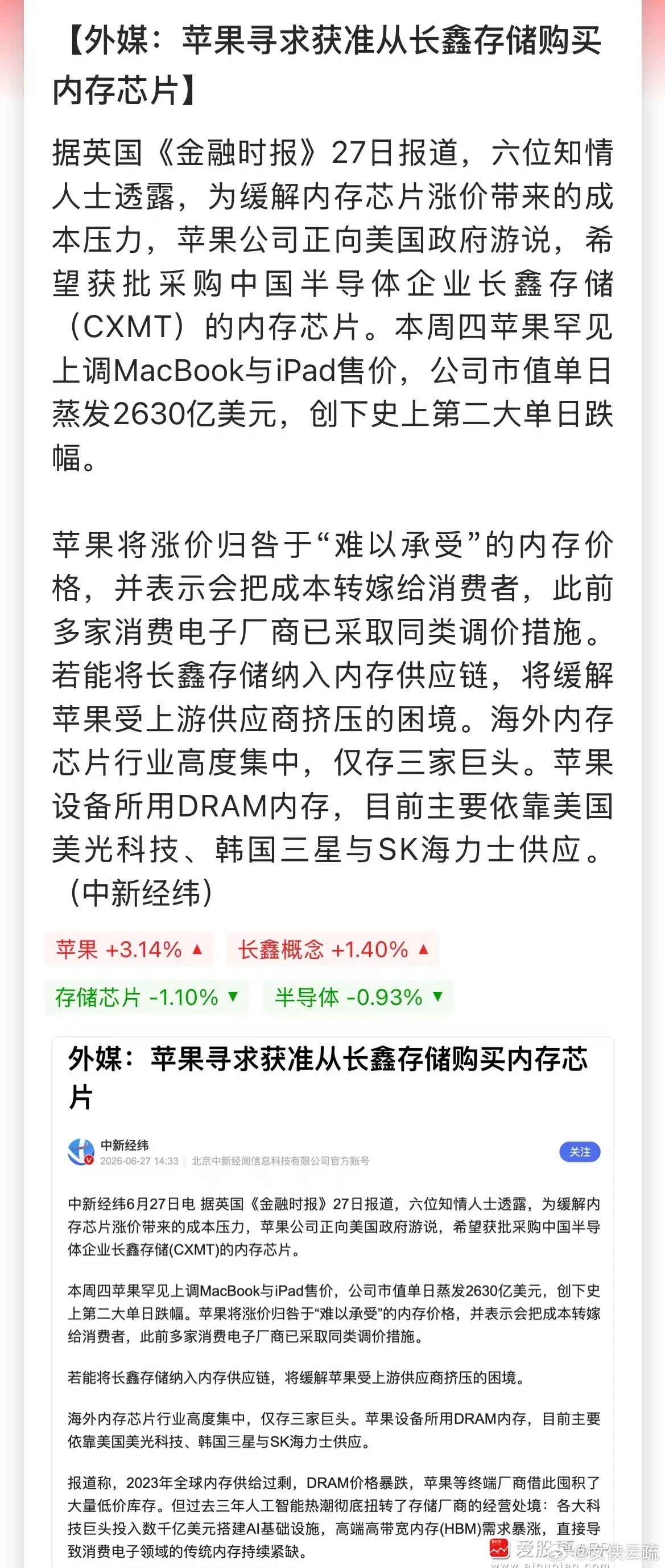 从周末消息面来看，半导体相关利好依然较多！长鑫有苹果“采购”加持之后，预计7月份