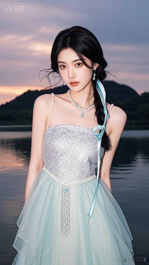 仙气飘飘的湖畔少女，梦幻蓝裙，唯美日落，宛如童话中的公主。