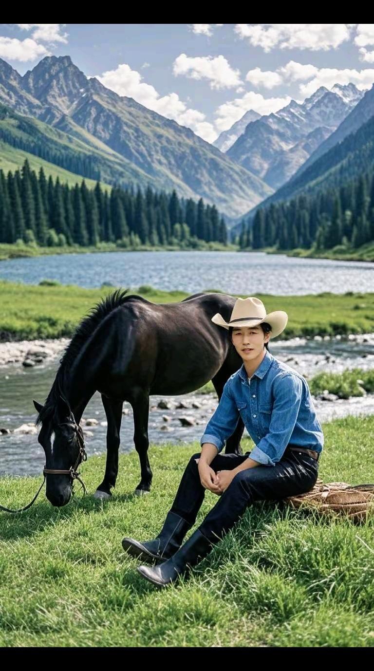 在广袤的草原上，一匹马静静地低头饮水，仿佛时间也为之停驻。远处的山峦层叠，云雾缭