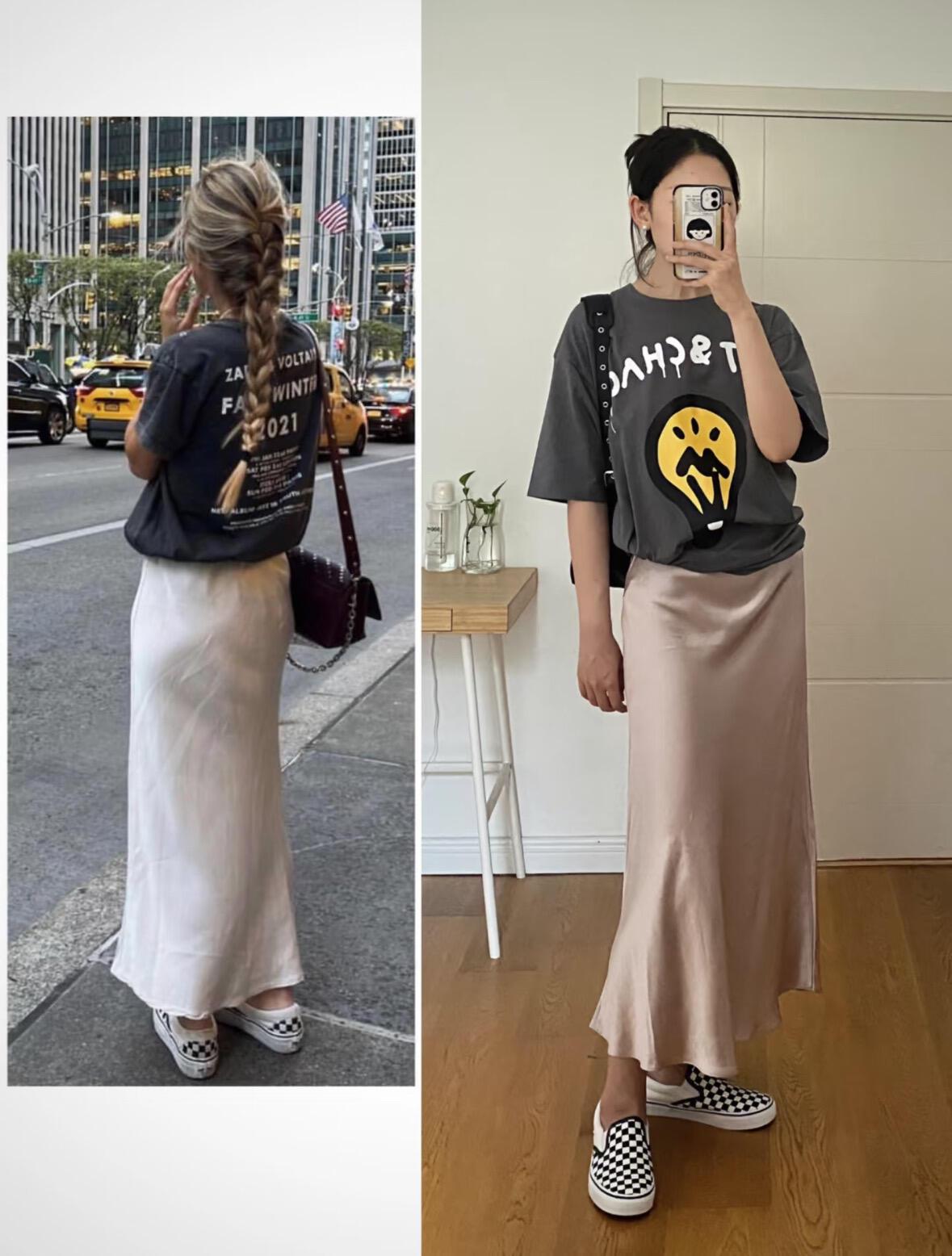 跟博主学穿搭，五一出游这样穿超美！
把ins风日常公式照搬上身，T恤配缎面半裙、