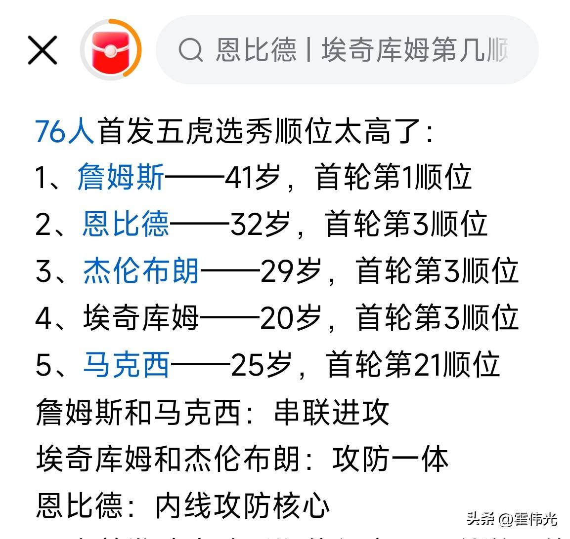 NBA76人队先发五虎的选秀顺位是真好，

除了一个20几号签的马克西外，都是前