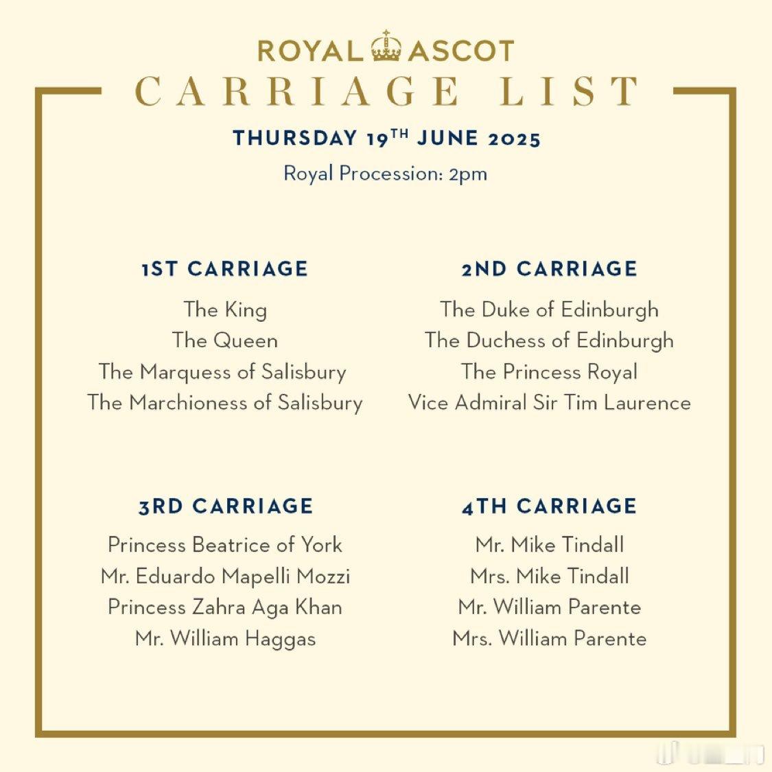 英国王室 🇬🇧6月19日，皇家爱斯科赛马会第三天，第一辆马车国王夫妇、索尔兹