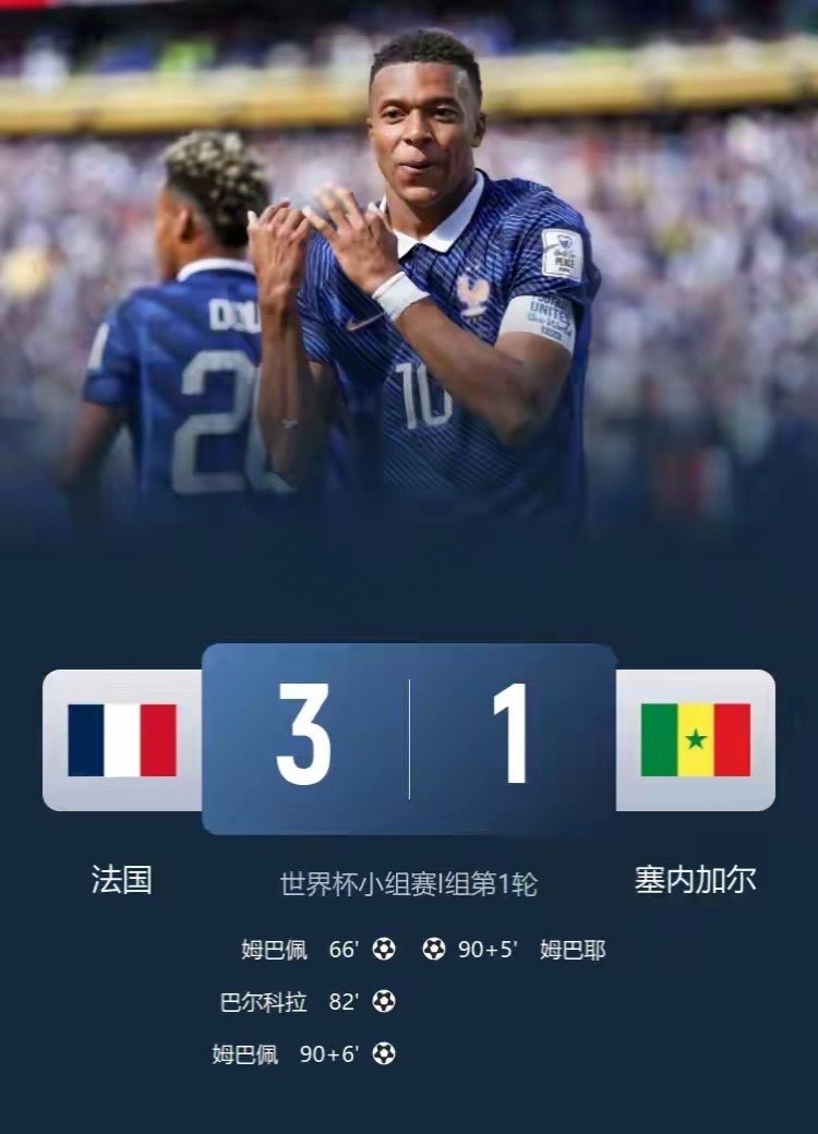 姆巴佩梅开二度开门红！法国3-1塞内加尔 姆巴佩双响成法国队史射手王北京时间6月