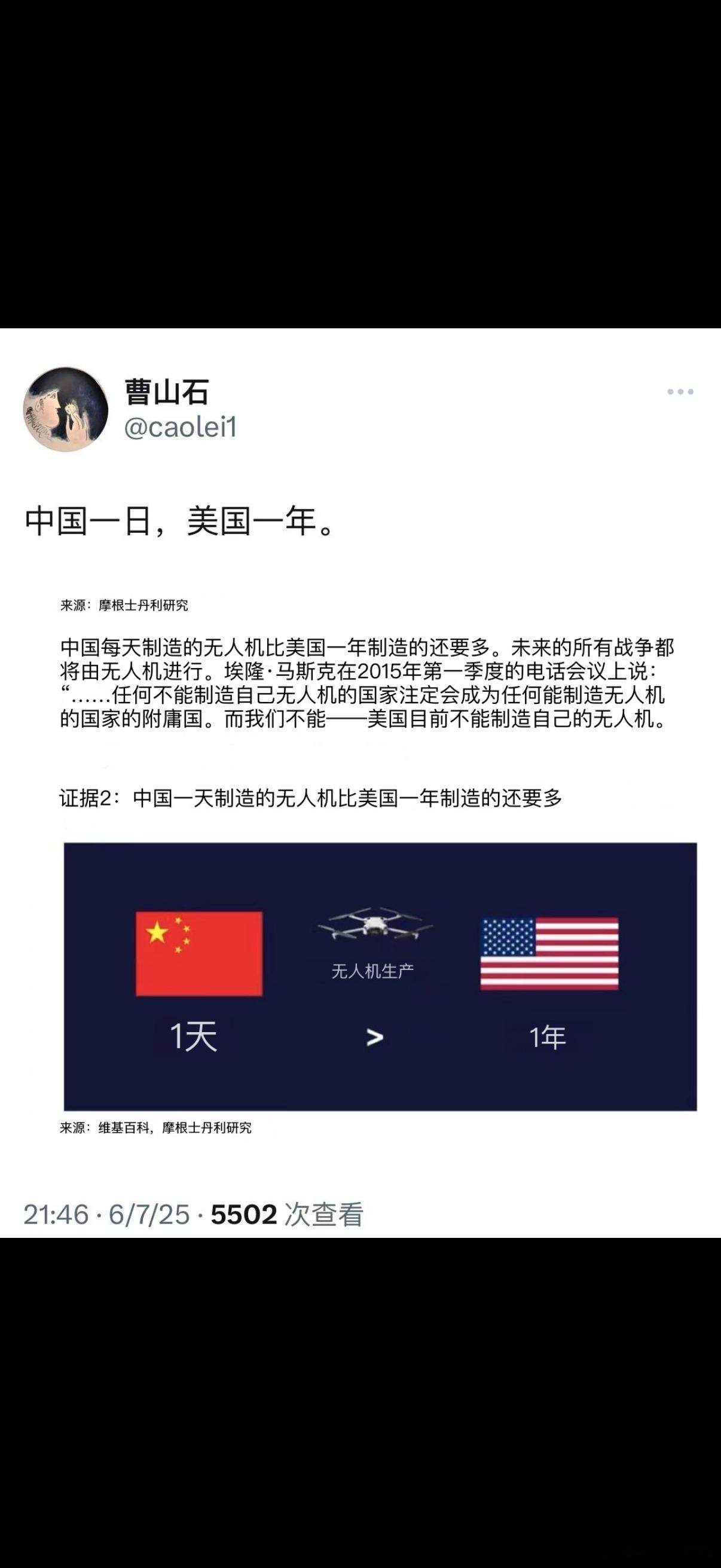 我们一天制造的无人机比美国一年制造的还多。 ​​​