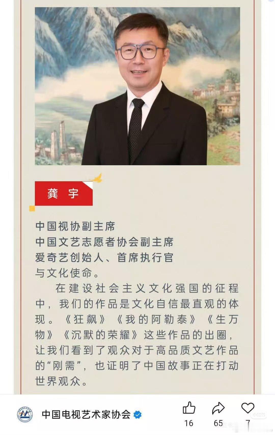 龚宇还是中国视协副主席咧简单来说，中国视协（全称中国电视艺术家协会）主要负责团结