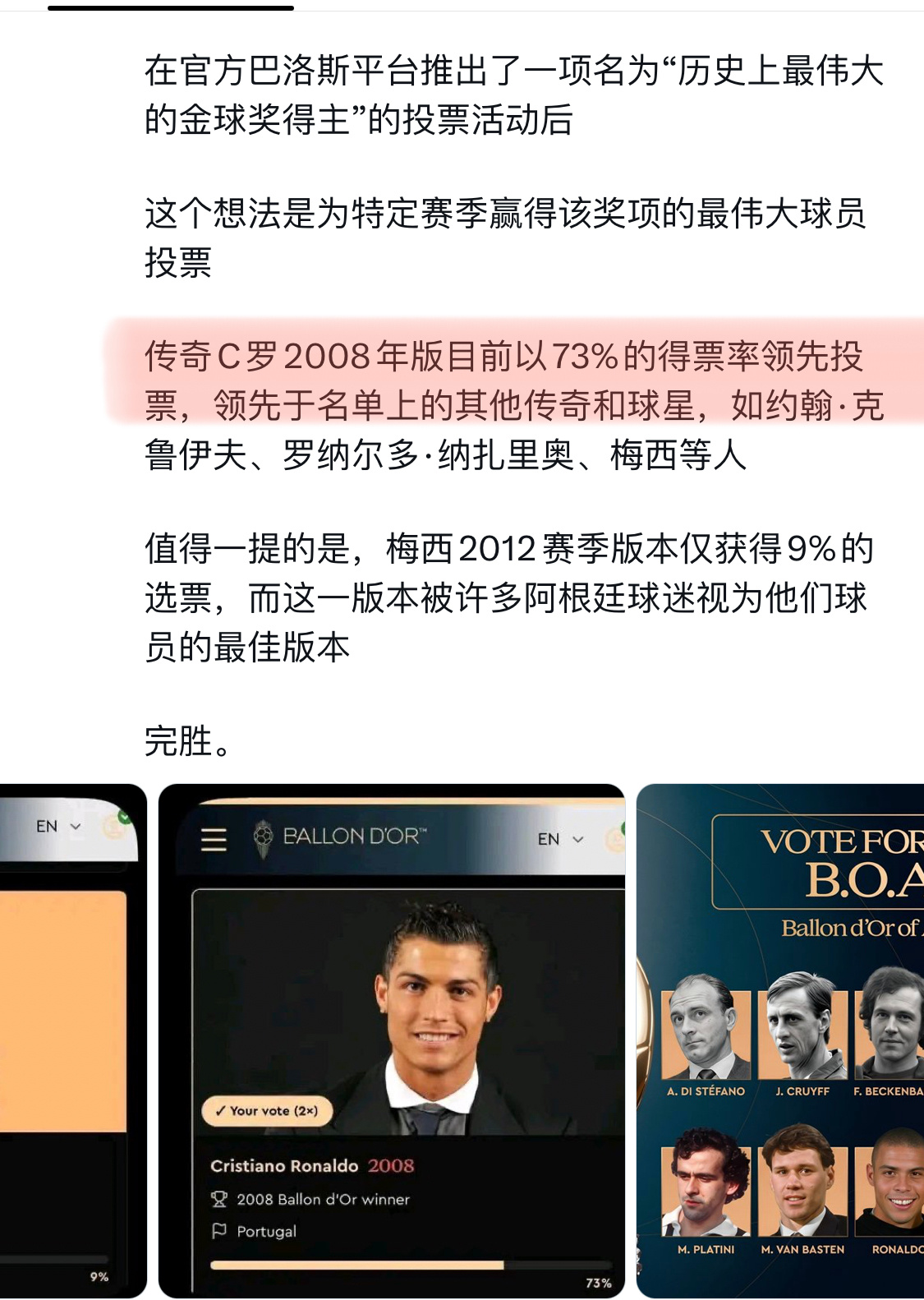 昨天还是62%今天已经73%超级大断层了‼️[桃里桃气]C罗断层领跑历史最伟大金