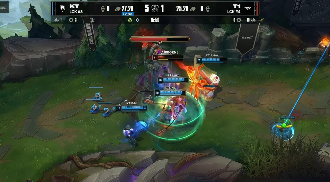 英雄联盟总决赛KT这把真的起飞了，直到现在为止，经济全吃了，龙也吃了，河蟹也吃了