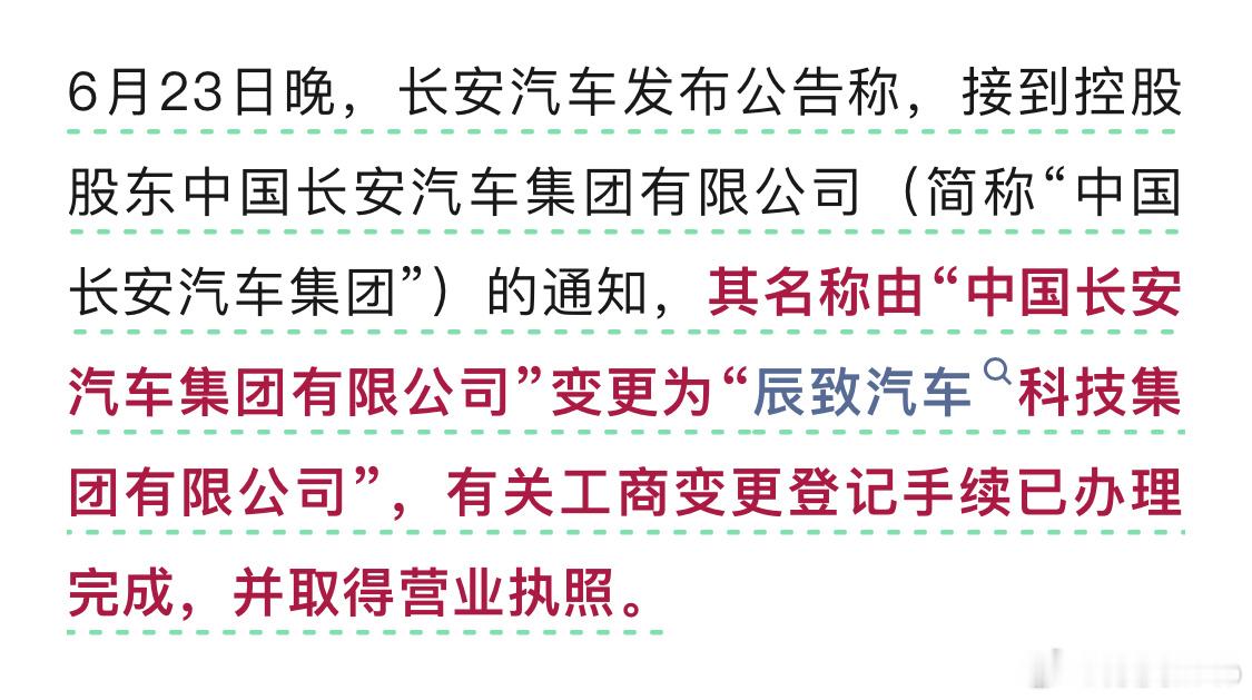 中国长安汽车集团已更名：辰致汽车科技集团有限公司 ​​​