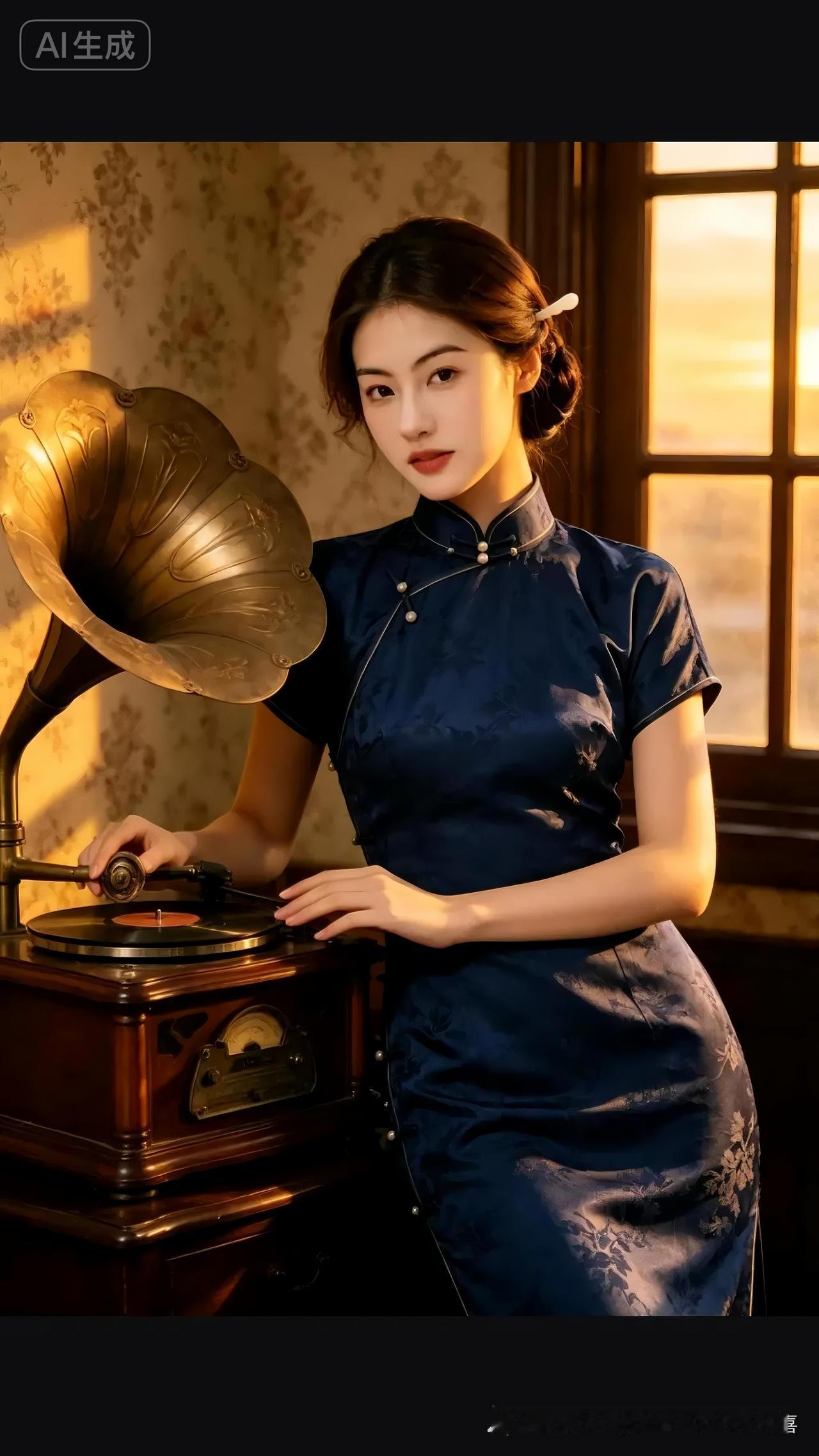 一个女子在复古房间听唱片。