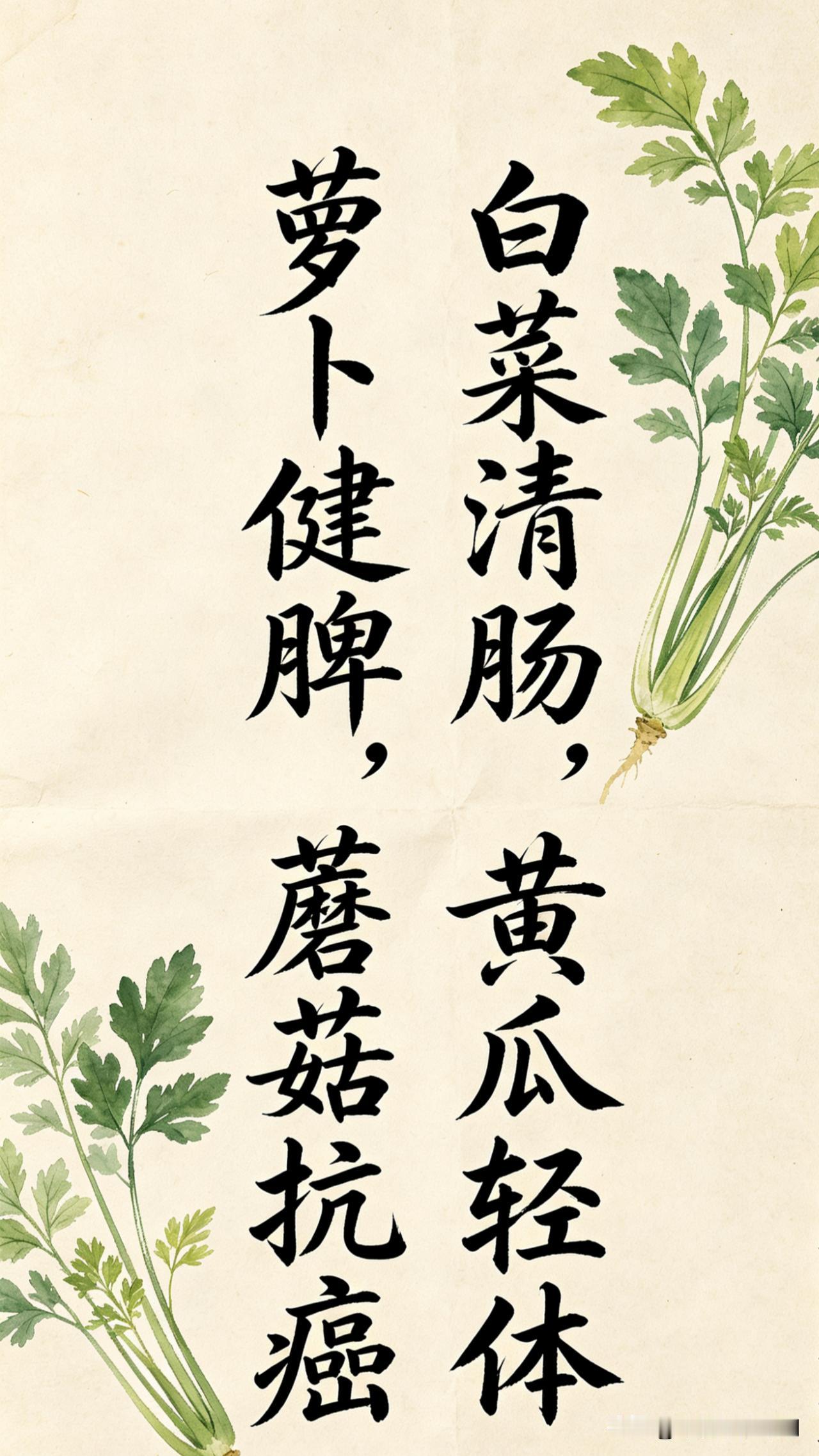 果蔬养生是个宝

饮食万物养生宝，
果蔬多样不可少。
白菜利尿解毒素，
促进消化