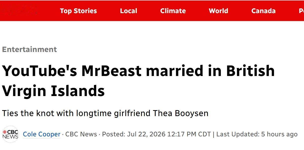 美国超级大网红MrBeast（野兽先生）宣布完婚
    当地时间周二，美国Yo