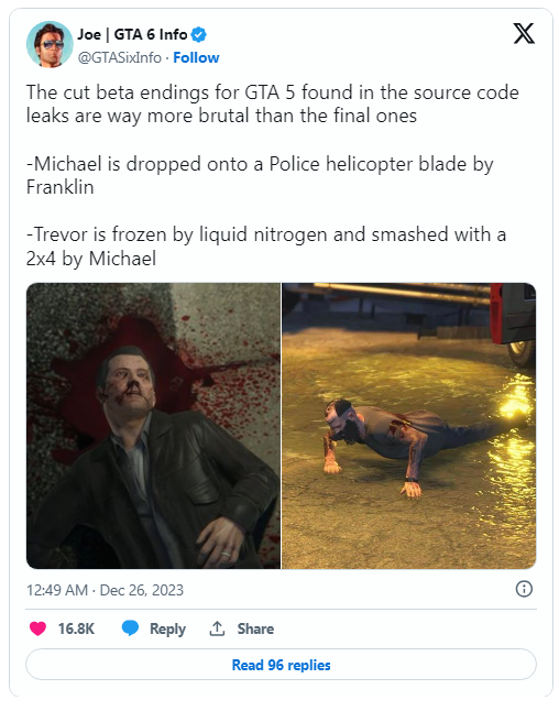 玩家深挖《GTA 5》游戏源代码，发现更血腥结局