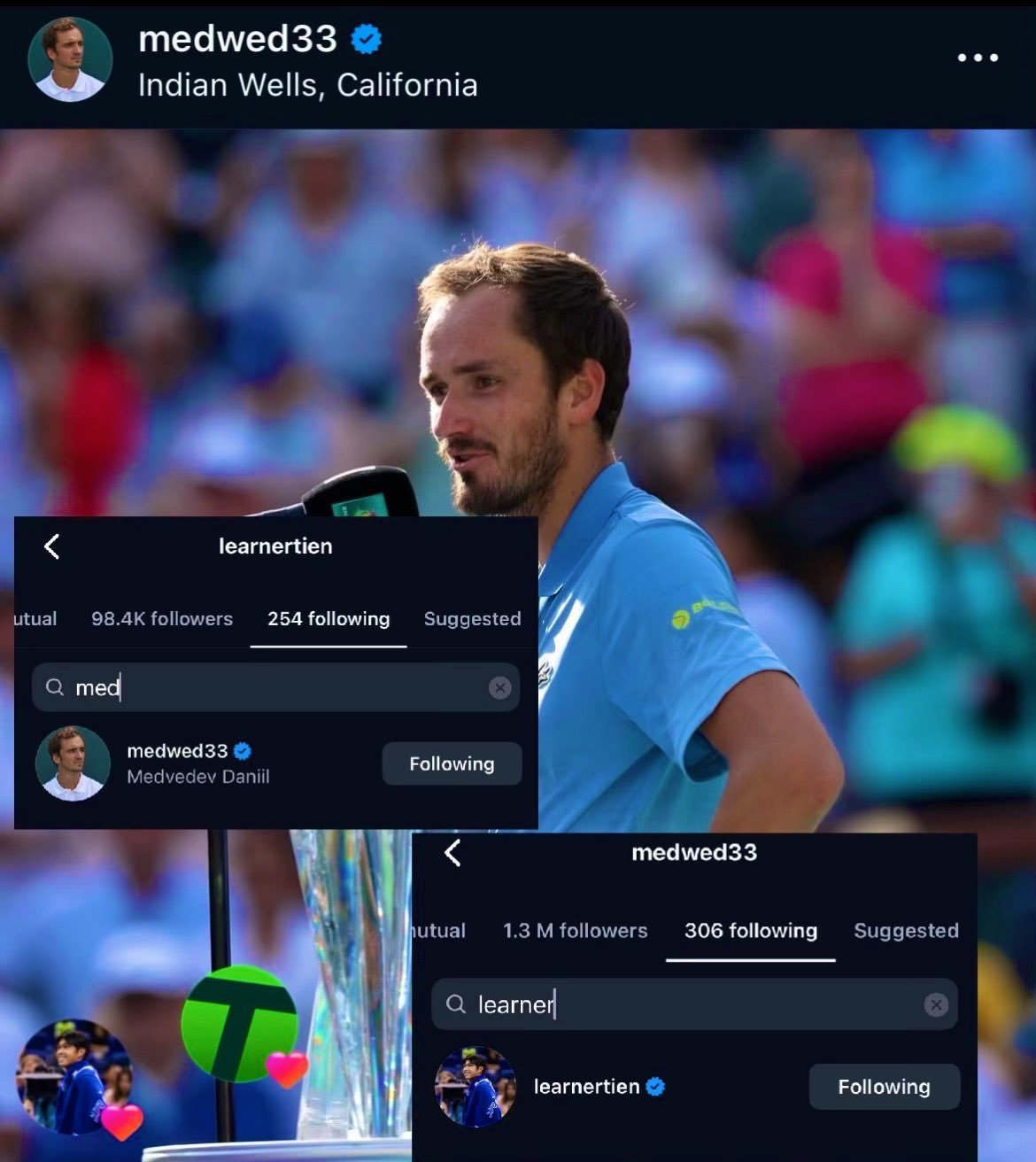 梅德维德夫和勒纳-钱真的是打出感情了。在印第安维尔斯一起合作打了双打后，在IG正