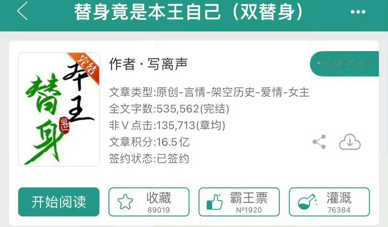 小说推荐：《替身竟是本王自己》 作者:写离声简评：清醒果断女主vs高傲别扭男主，