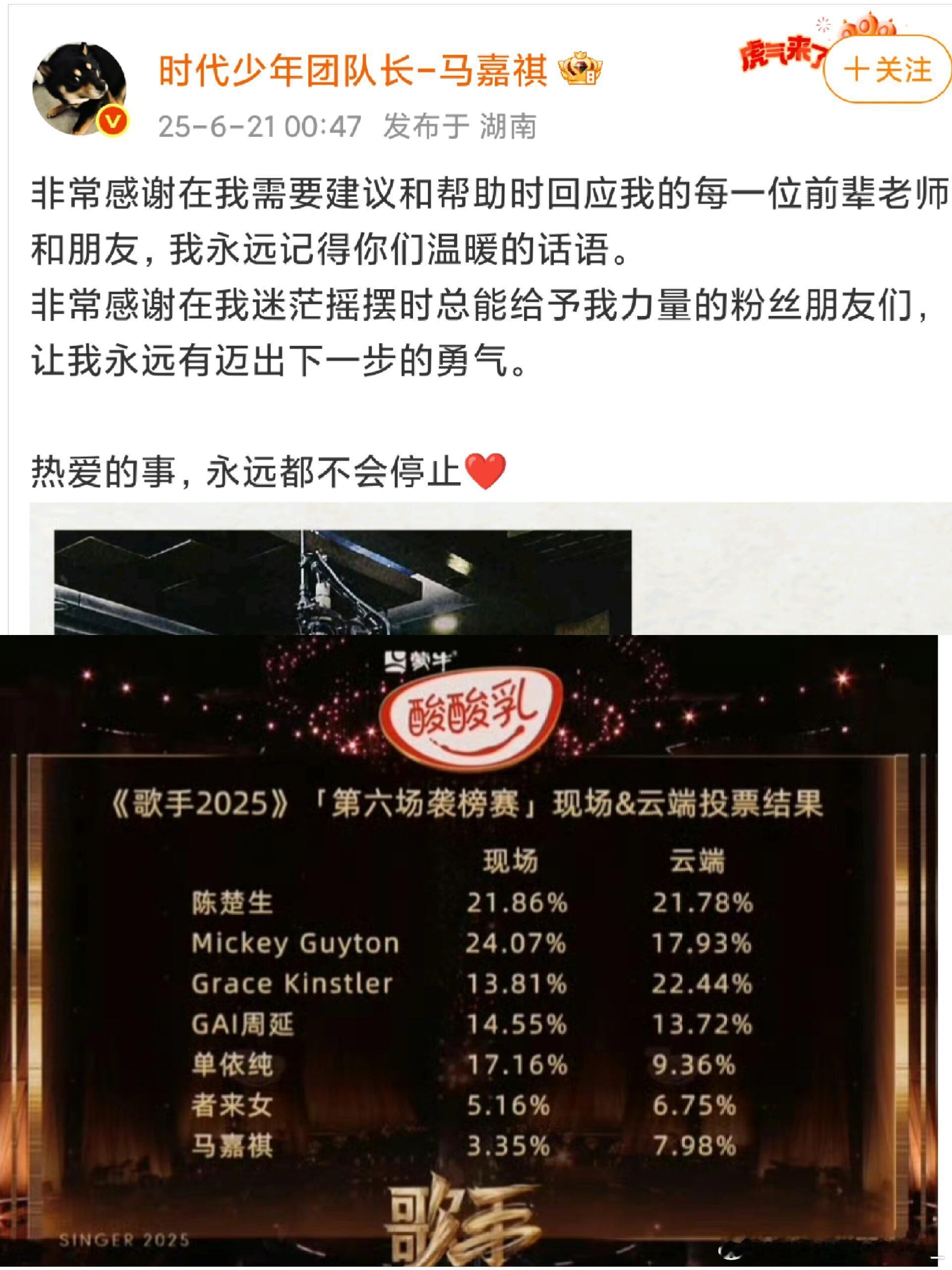 马嘉祺声乐老师发文马嘉祺发文回应淘汰“热爱的事，永远都不会停止”加油，未来可期!