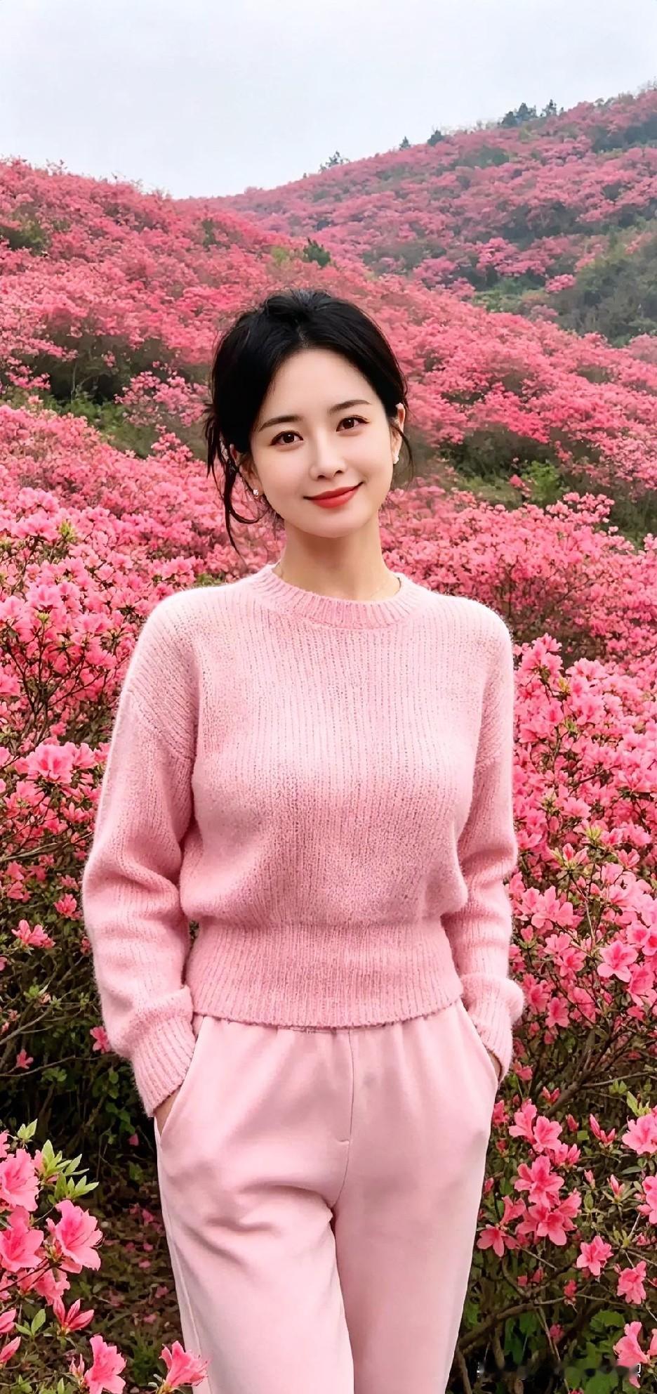粉衣胜霞，轻立花海。春风拂面，笑意嫣然，人与花相映成趣，共谱一曲温婉的春日恋歌。
