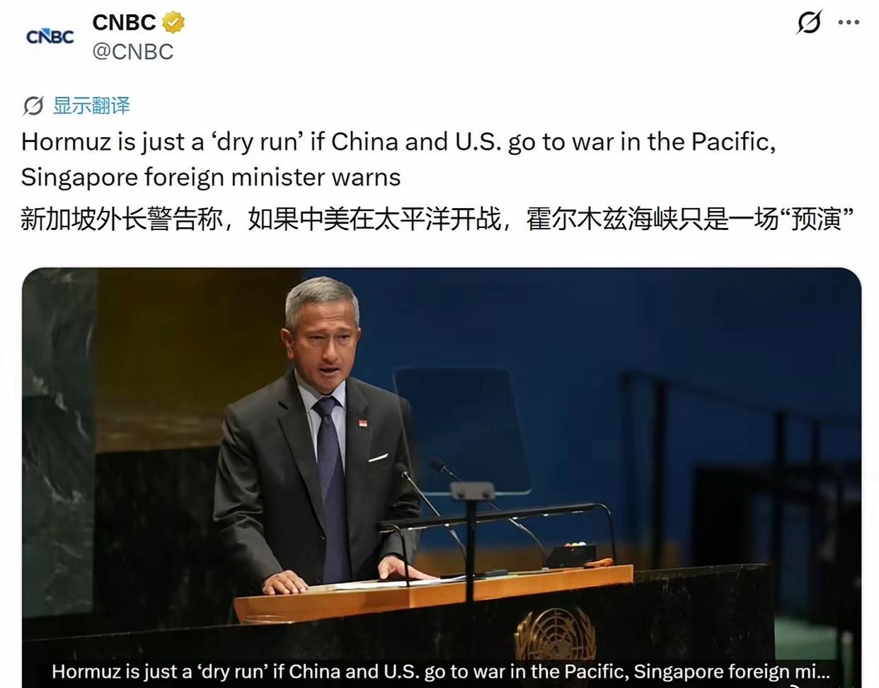 新加坡外长警告称，如果中美在太平洋开战，霍尔木兹海峡只是一场“预演”。他还称，新