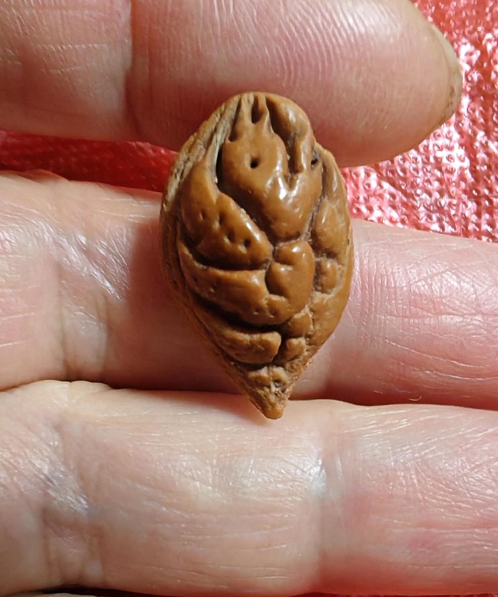 金刚怒目，反面是火焰纹。
这指甲大小的桃枭适合性格柔顺，老挨欺负的人佩戴。
金刚