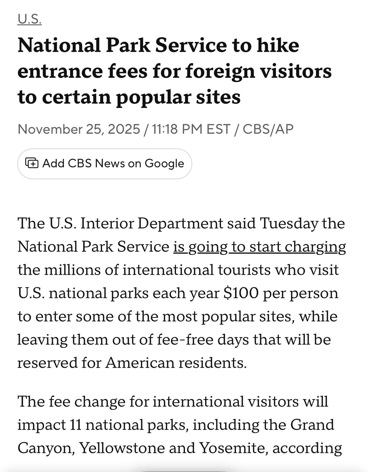 美国国家公园管理局将开始向每年参观美国国家公园的数百万国际游客收取每人 100 