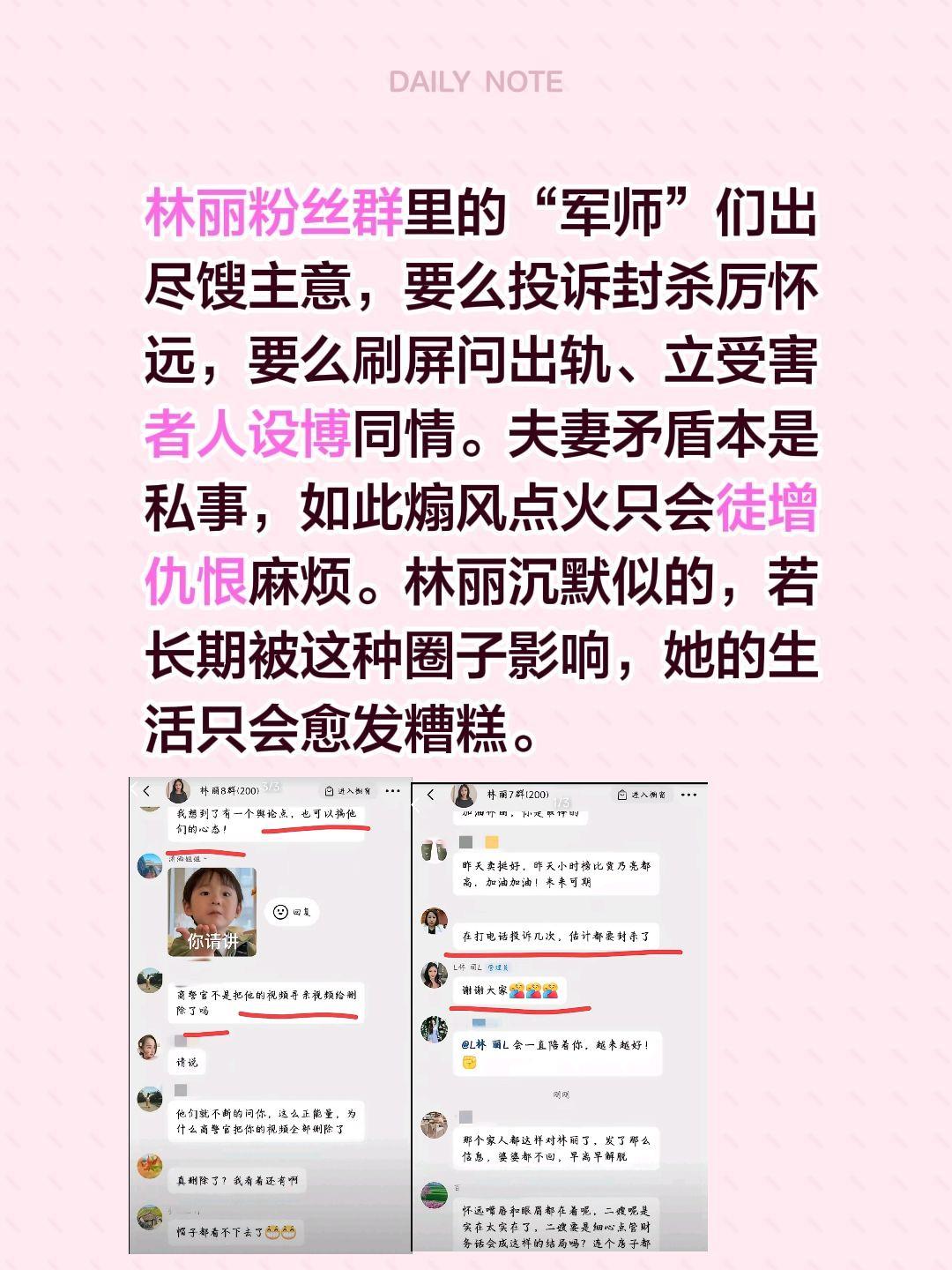 林丽粉丝群里的“军师”们出尽馊主意，要么投诉封杀厉怀远，要么刷屏问出轨、立受害者