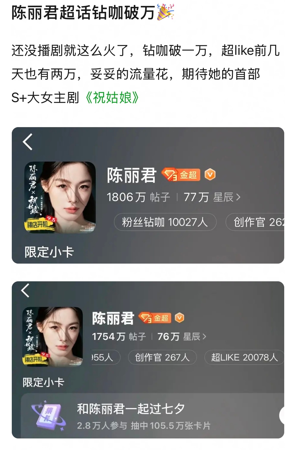陈丽君[超话]  陈丽君超话钻咖破万啦✌🏻✌🏻✌🏻真的肉眼可见前途似锦，所