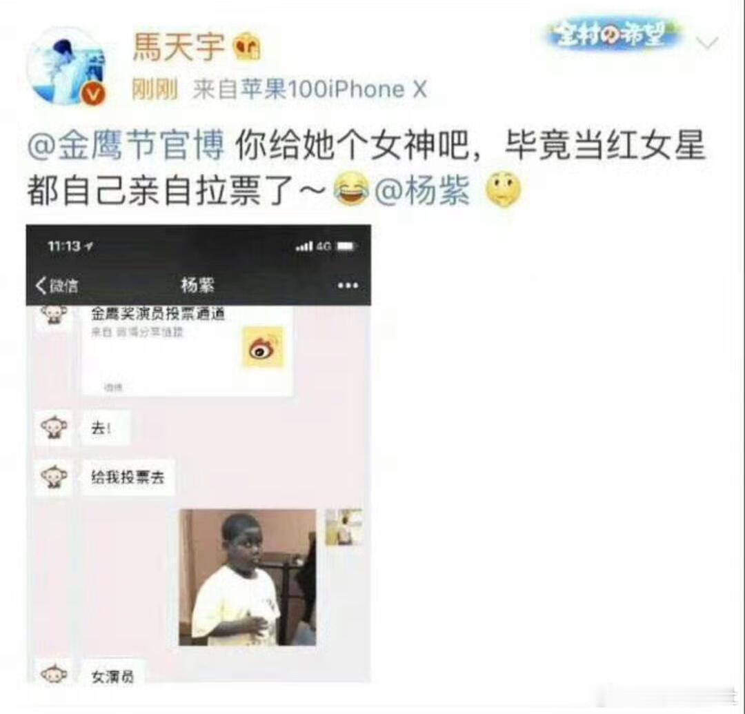 马天宇曾公开晒出杨紫求她投票的截图 早在2018年，杨紫以朋友的身份让业内好友帮