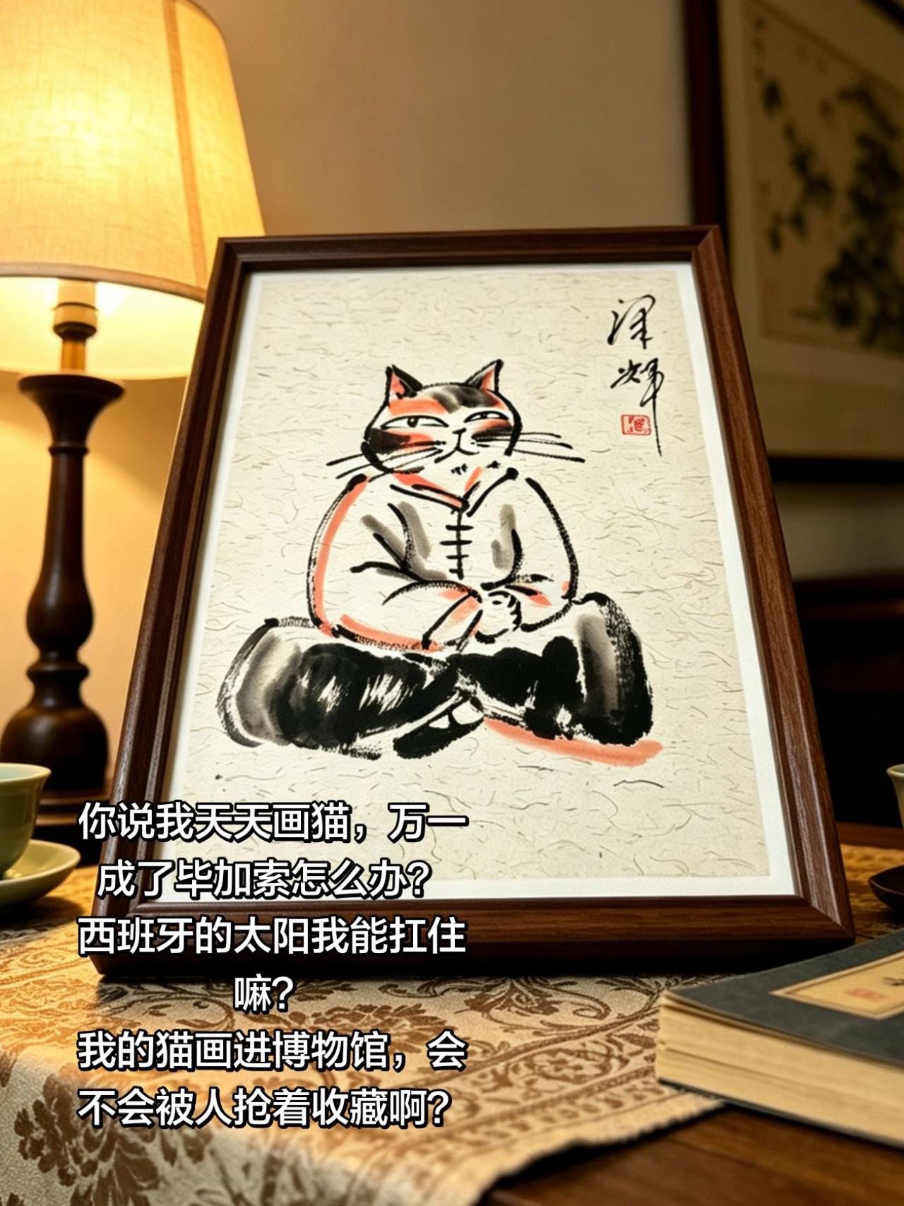 你说我天天画猫，万一成了毕加索怎么办？可爱猫咪国画 萌宠国画 手绘国画摆台