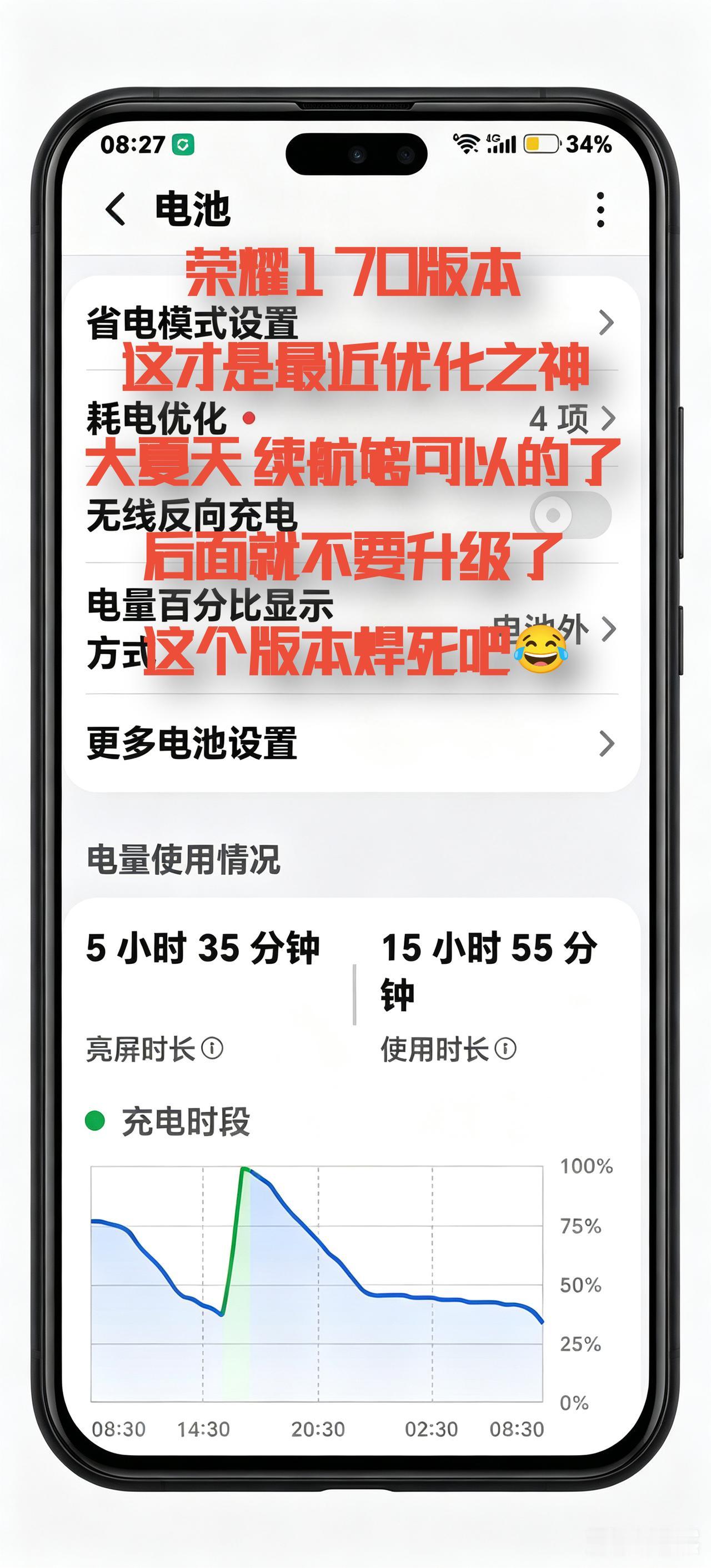 荣耀170版本，产房传来好消息，必须升！
就冲这个续航，必须给个好评。
荣耀最近