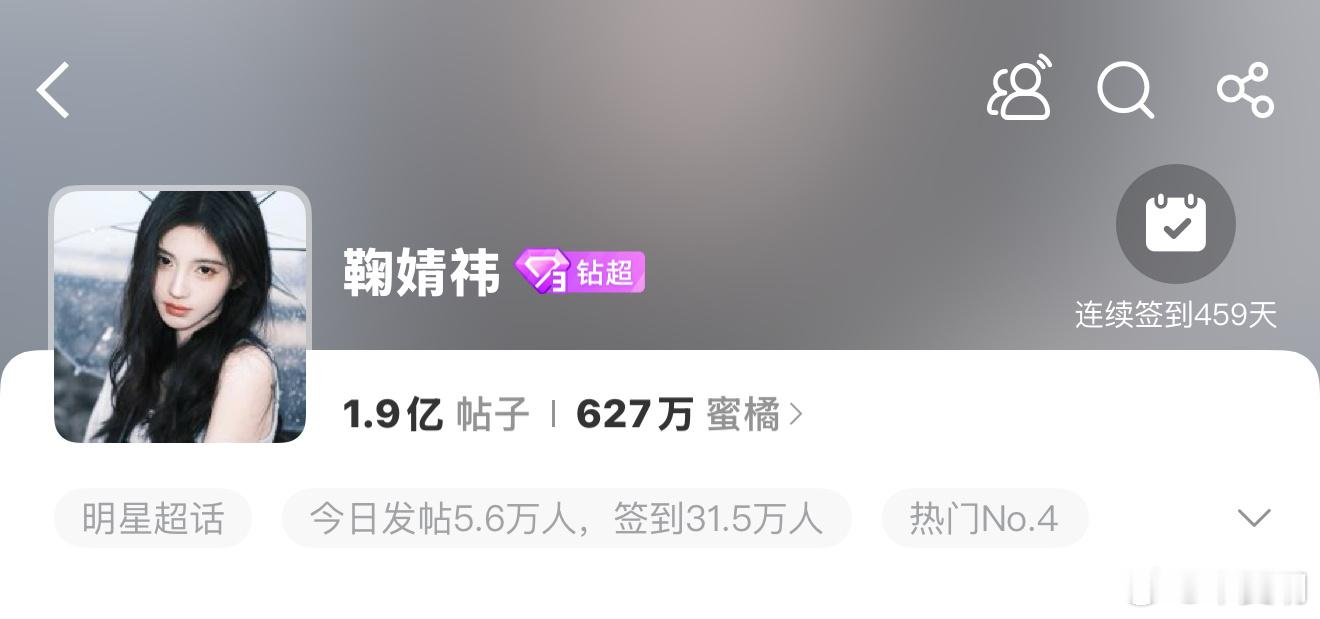 鞠婧祎超话发帖到达1.9亿了！！女星第一，从1.8亿到1.9亿仅用了10天 ​​