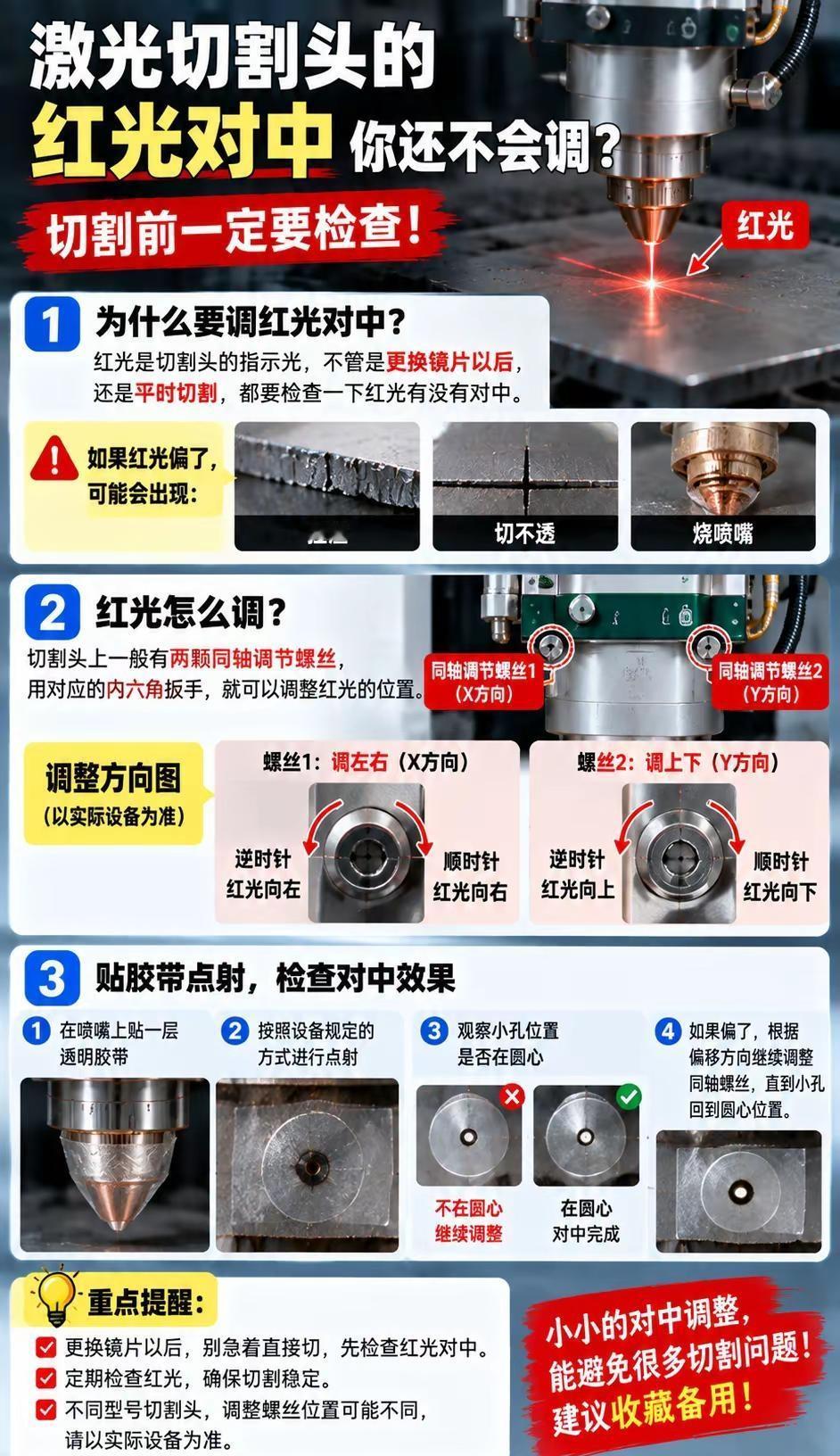 换镜片必看！激光切割红光对中实操。激光切割 激光切割头 激光维修 红光对中 激光
