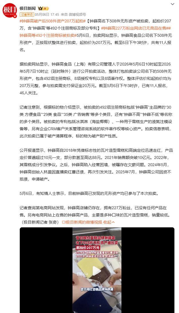 钟薛高破产后508件资产207万起拍508件无形资产，207万起拍价。492个商