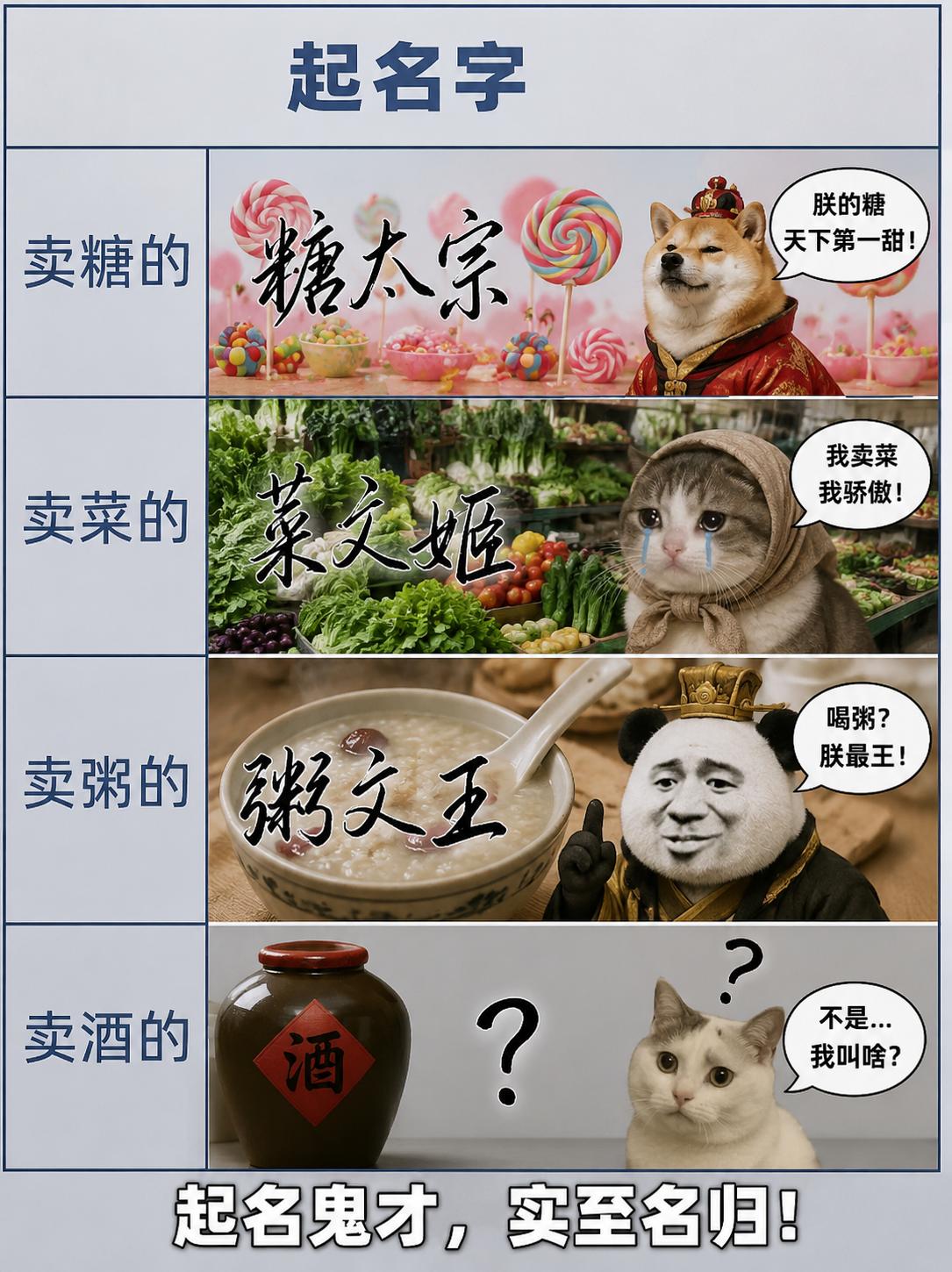 起名字，看谁起的最好。
卖糖的 → 糖太宗（唐太宗谐音）
卖菜的 → 菜文姬（蔡