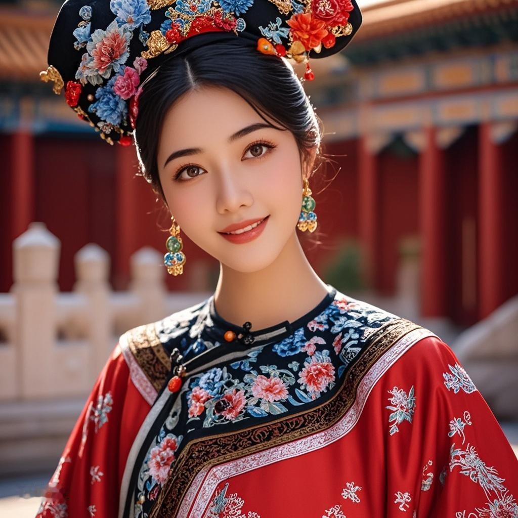 AI写真辑宫阙连绵气势恢宏，身着清装站在其中。人与景相融，为这盛世添一抹寻常色彩