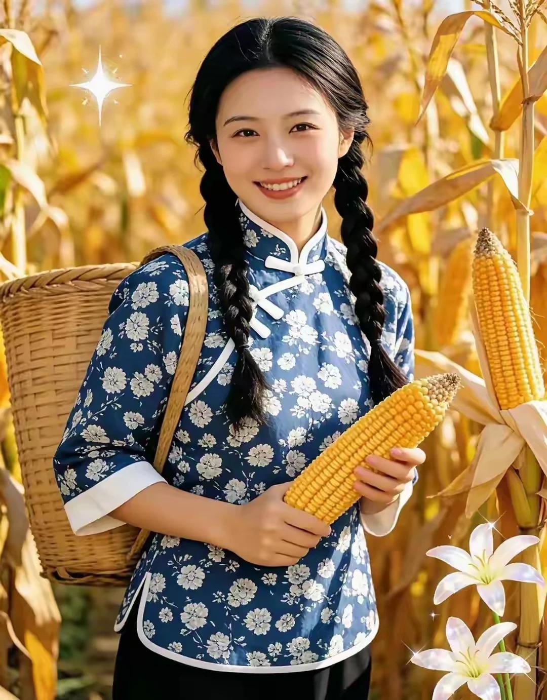 丰收景象：
春华秋实，五谷丰登。
苞米丰收，喜气洋洋。
笑靥如花，淳朴自然。
美