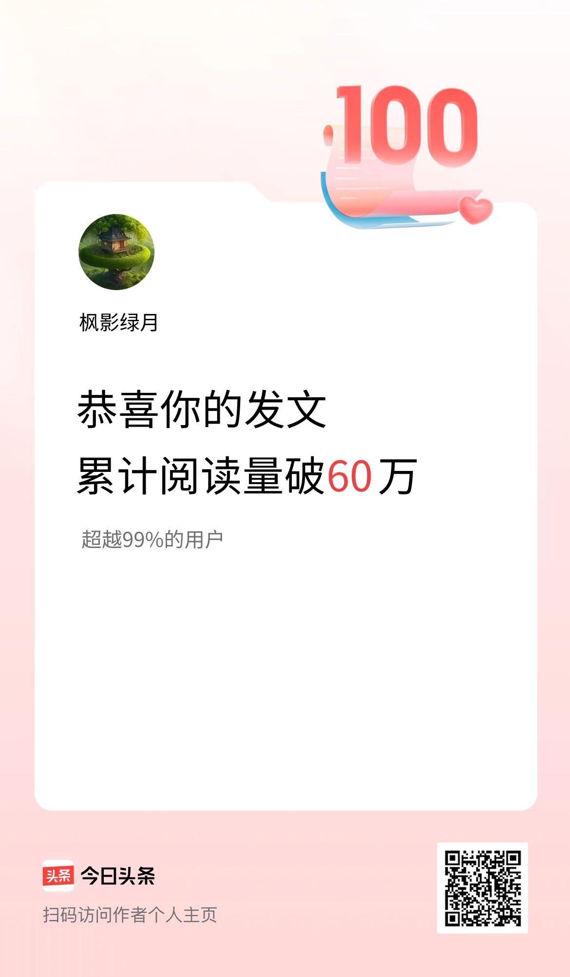 🤝我在头条累计获得阅读量破60万啦！