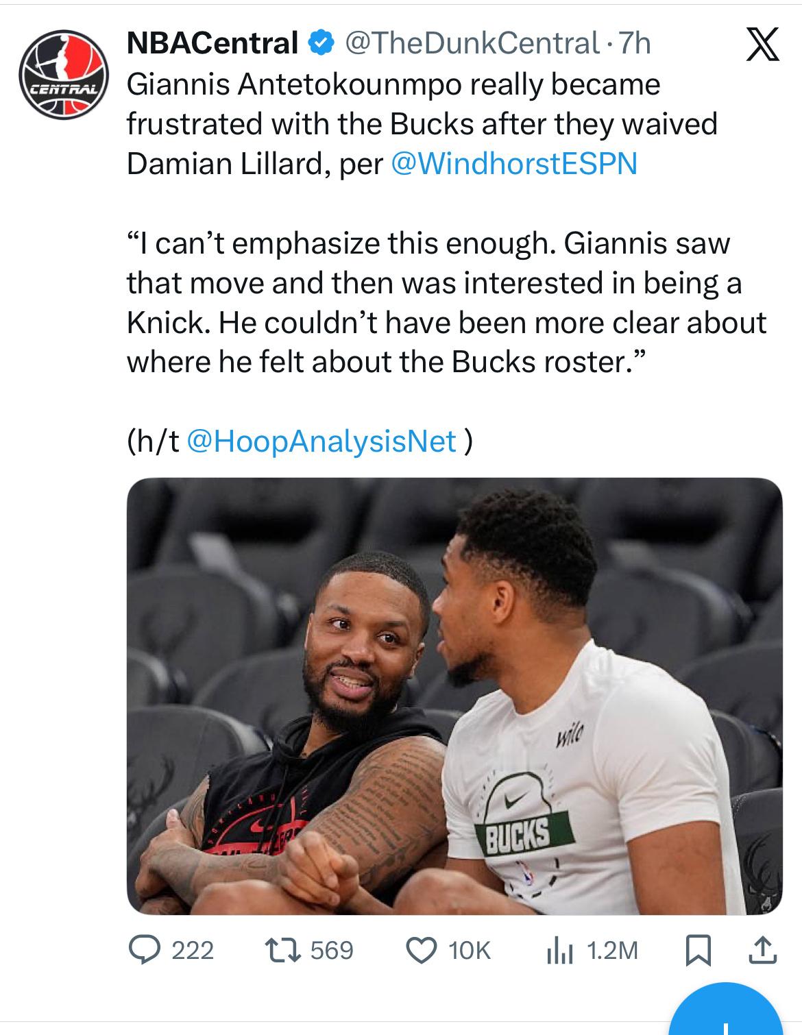 文霍斯特表示，达米安·利拉德被裁掉后，扬尼斯·阿德托昆博对雄鹿队非常失望。“我必