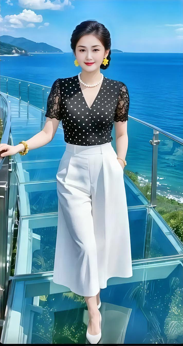 海风轻拂，山海相拥，一身简约穿搭尽显温婉气质。波点蕾丝上衣精致雅致，搭配垂顺阔腿