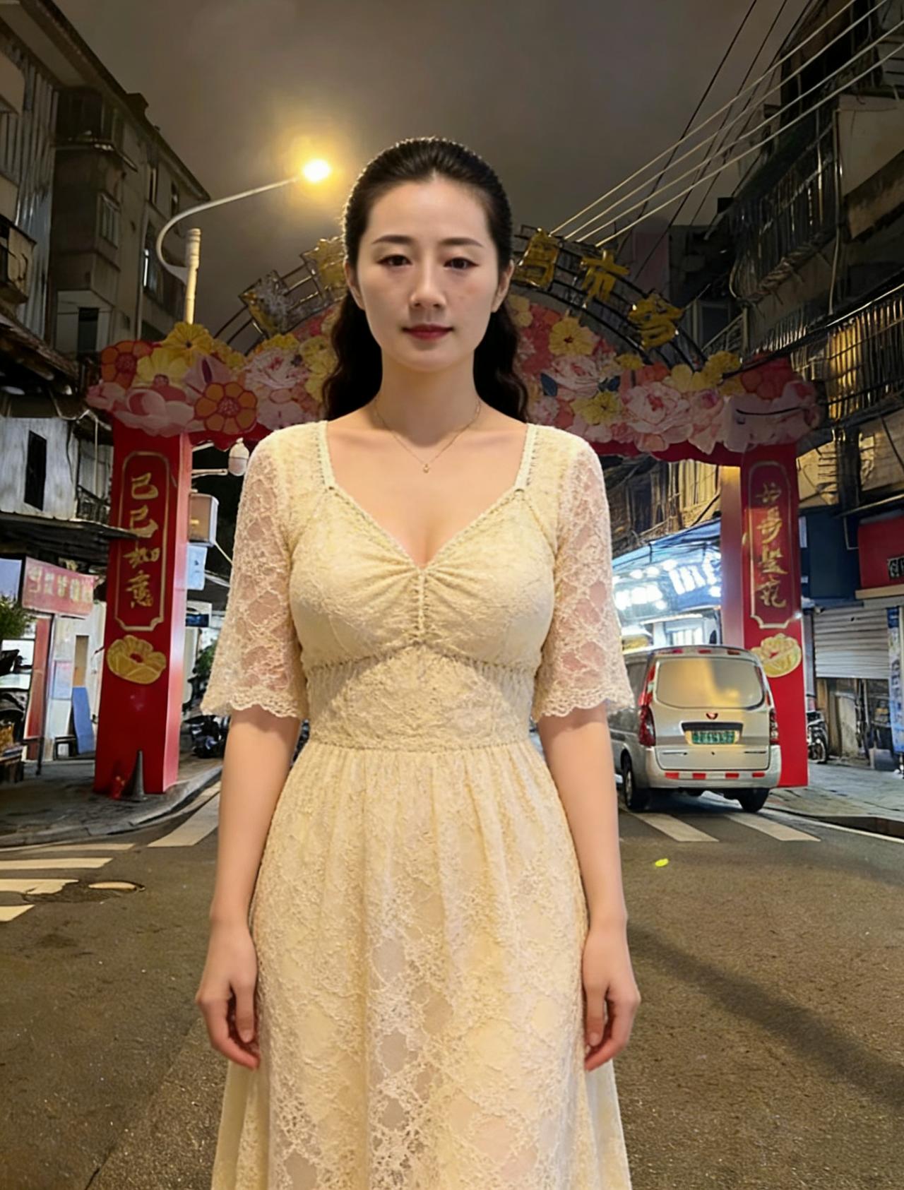 《夜色里的白茉莉》
 
路灯的光，晕开一层暖黄
她穿着蕾丝裙，站在夜市的街口
红