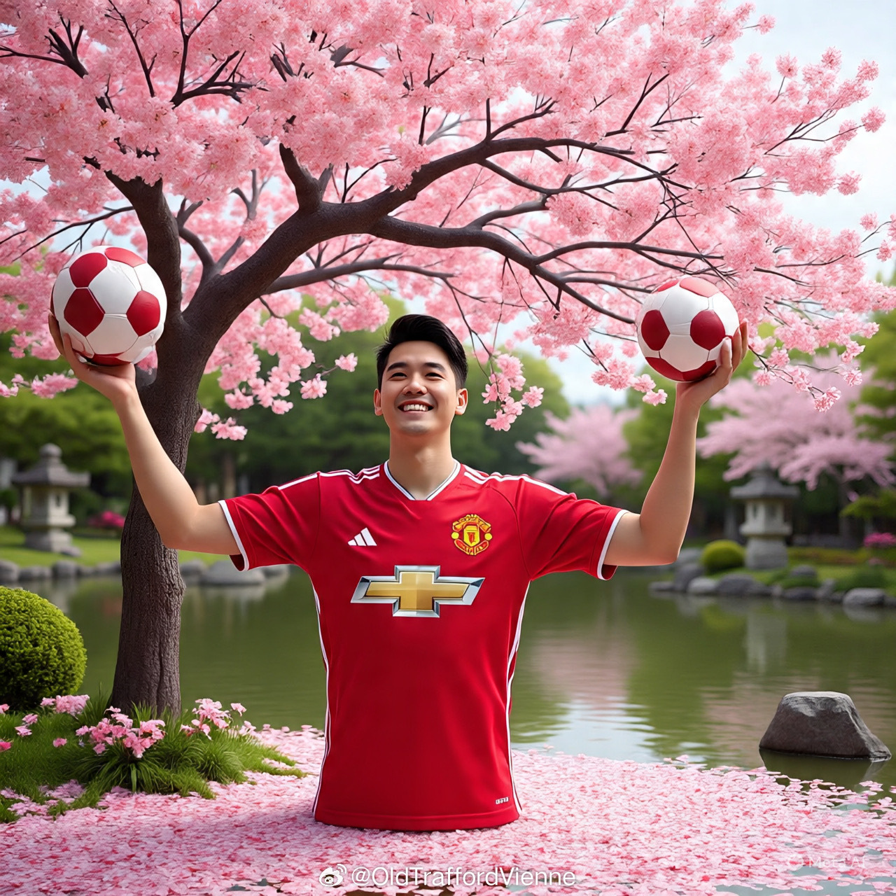 AI图 吓死爹了，要求：一名曼联球迷站在樱花树下樱花树下站谁都美