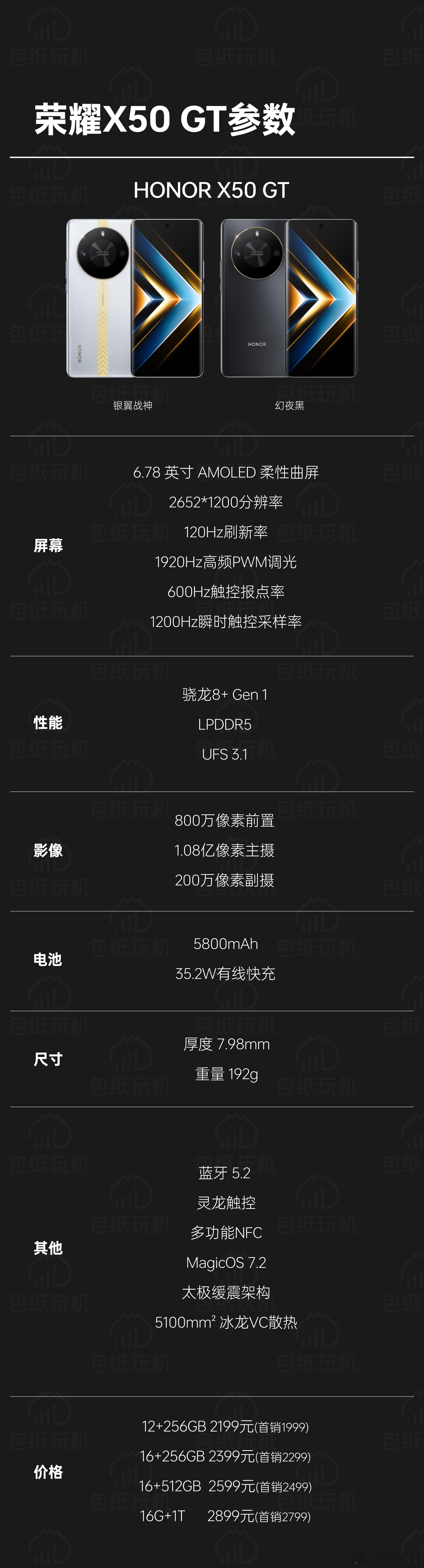 今晚发布的荣耀X50 GT，第一代骁龙8+，1亿像素主摄，5800mAh电池，价