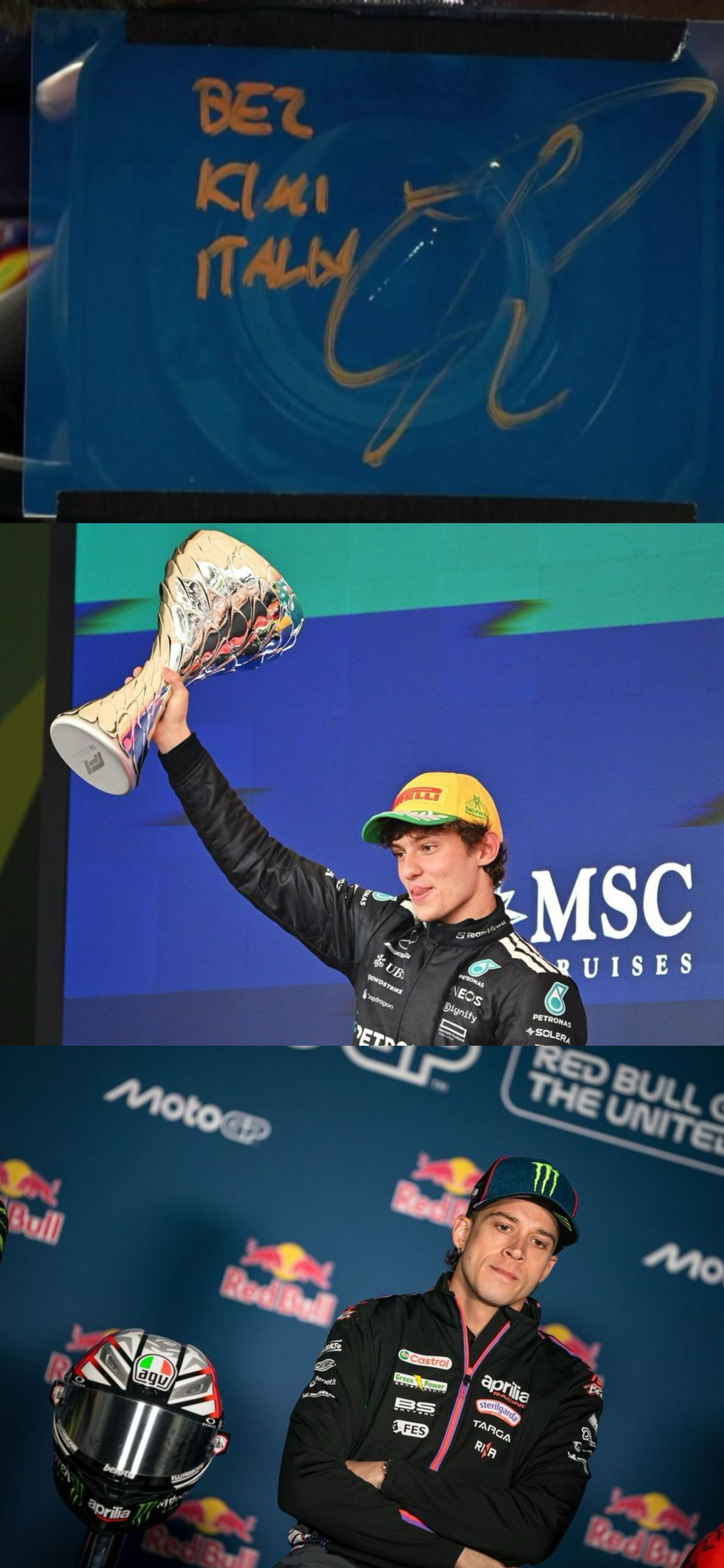 资深车迷/球迷辛纳，怎么会忘记这一周。辛纳阳光双冠拿下赛点，镜头签辛纳写到：Be