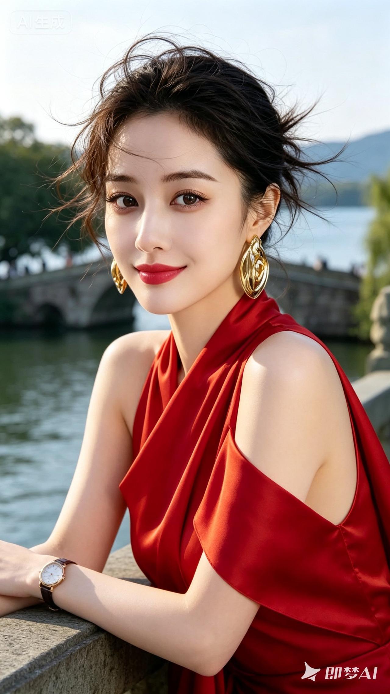 优雅红裙，河畔轻风，美如画卷