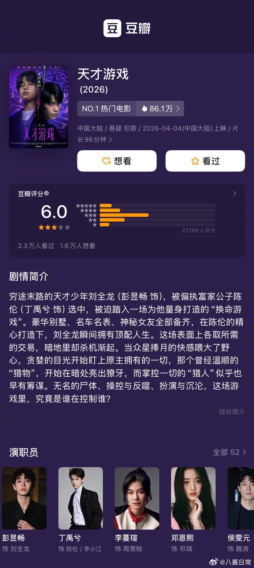 彭昱畅、丁禹兮主演电影《天才游戏》豆瓣开分6.0分 