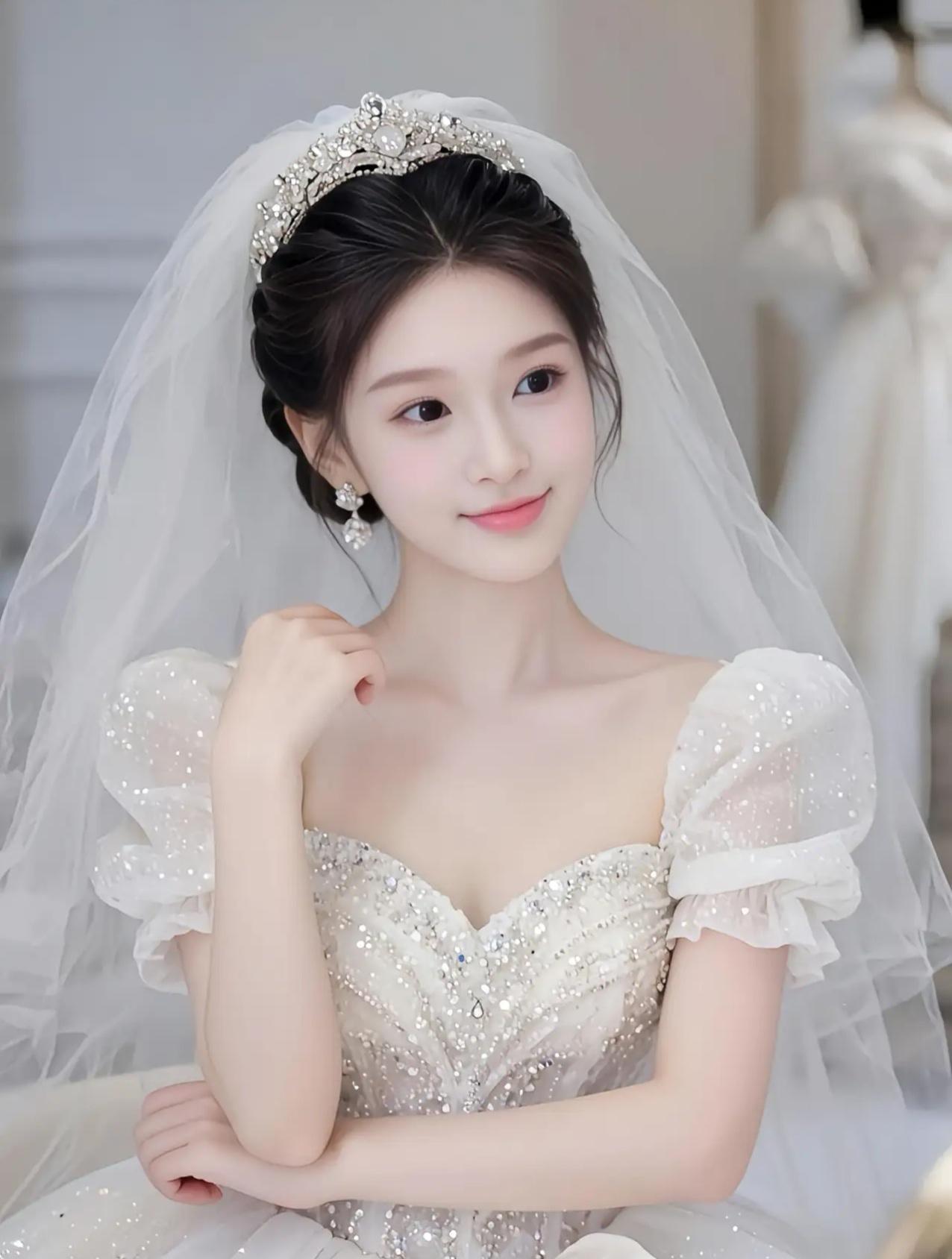 **《雪色童话》
当第一缕晨光穿透薄雾时，她站在缀满珍珠的轻纱里，像被晨露吻醒的